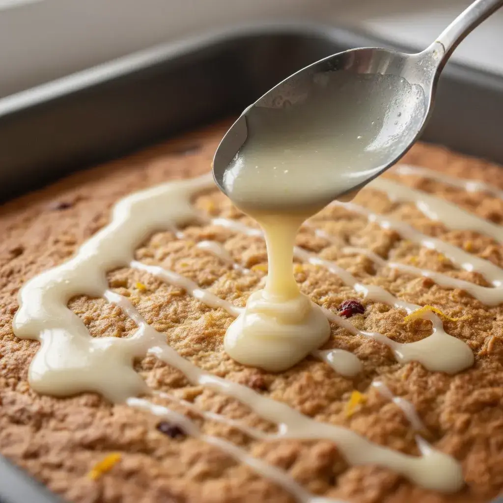 drizzling orange glaze on breakfast cake