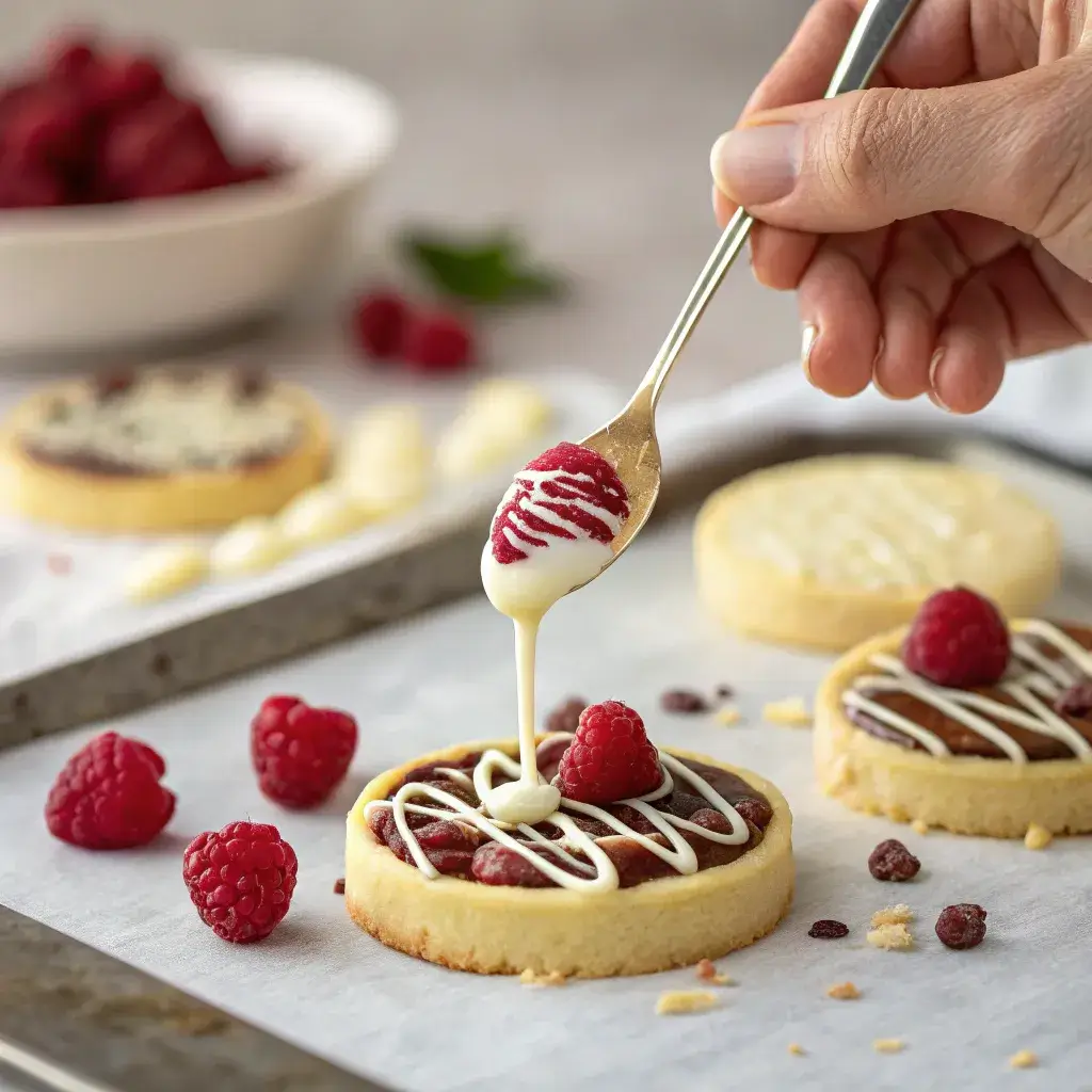 drizzling white chocolate on raspberry cookies