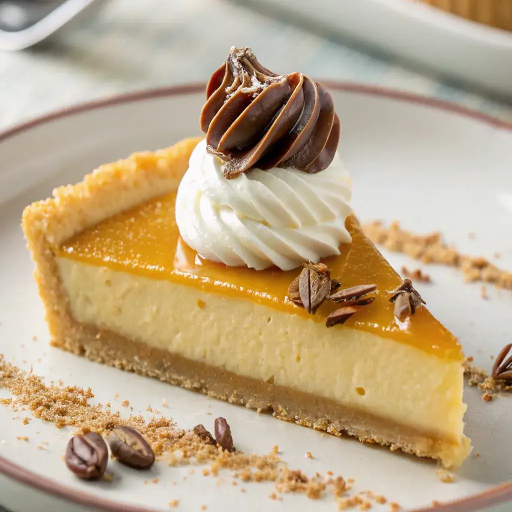 A close-up shot of a perfect slice of butterscotch tart with cream.