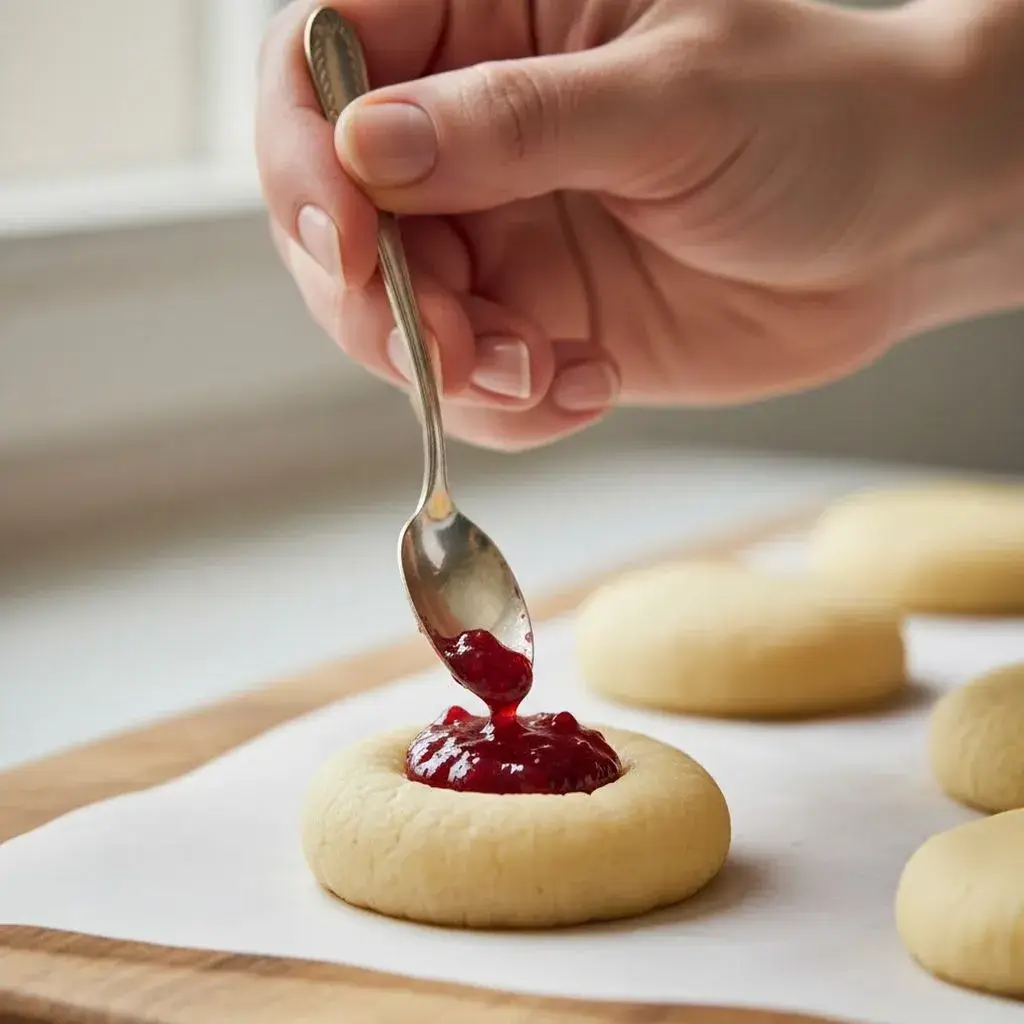 filling almond snowball cookie dough with raspberry jam