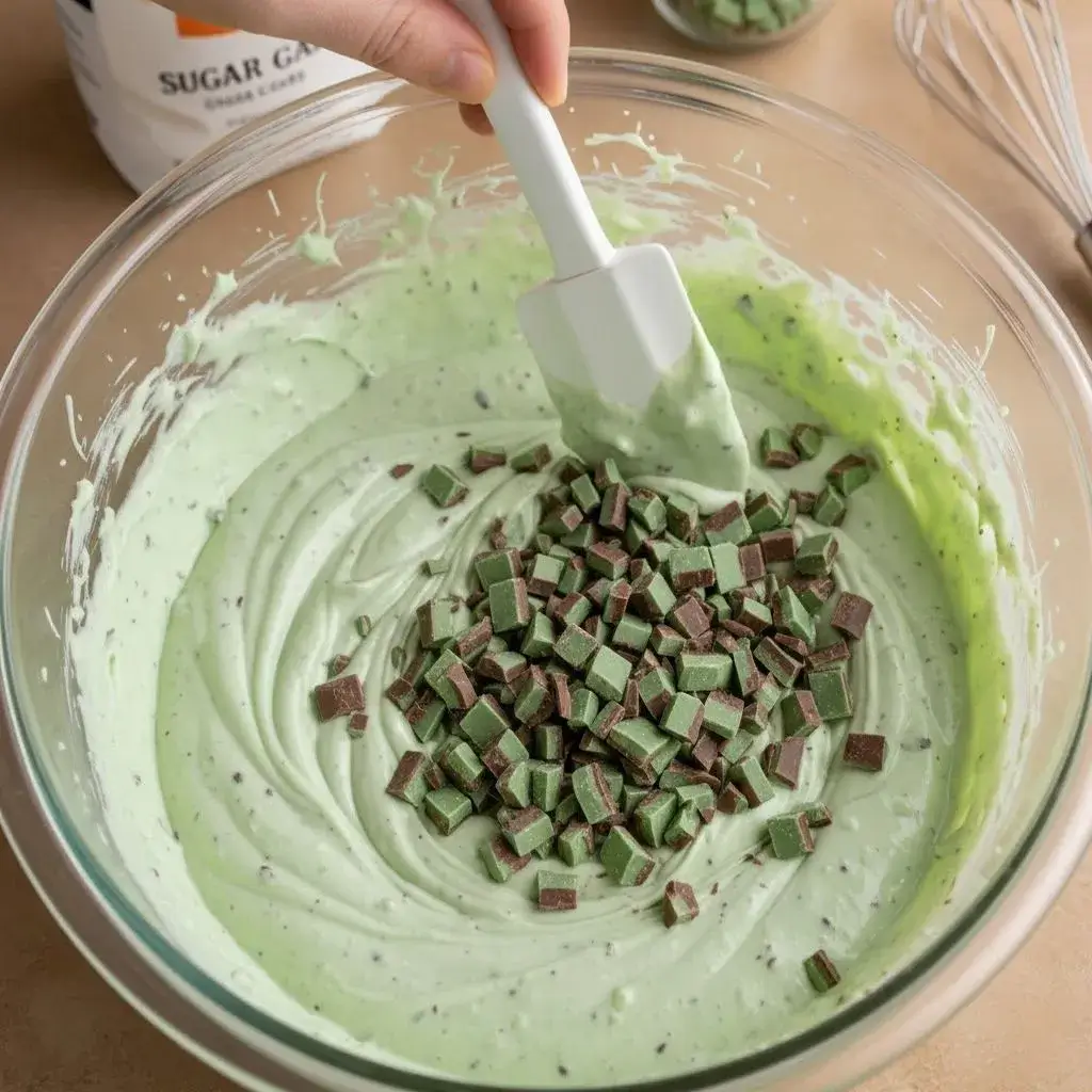 folding andes mints into mint cheesecake filling
