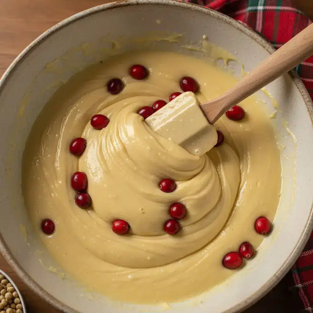 folding cranberries into eggnog bread batter