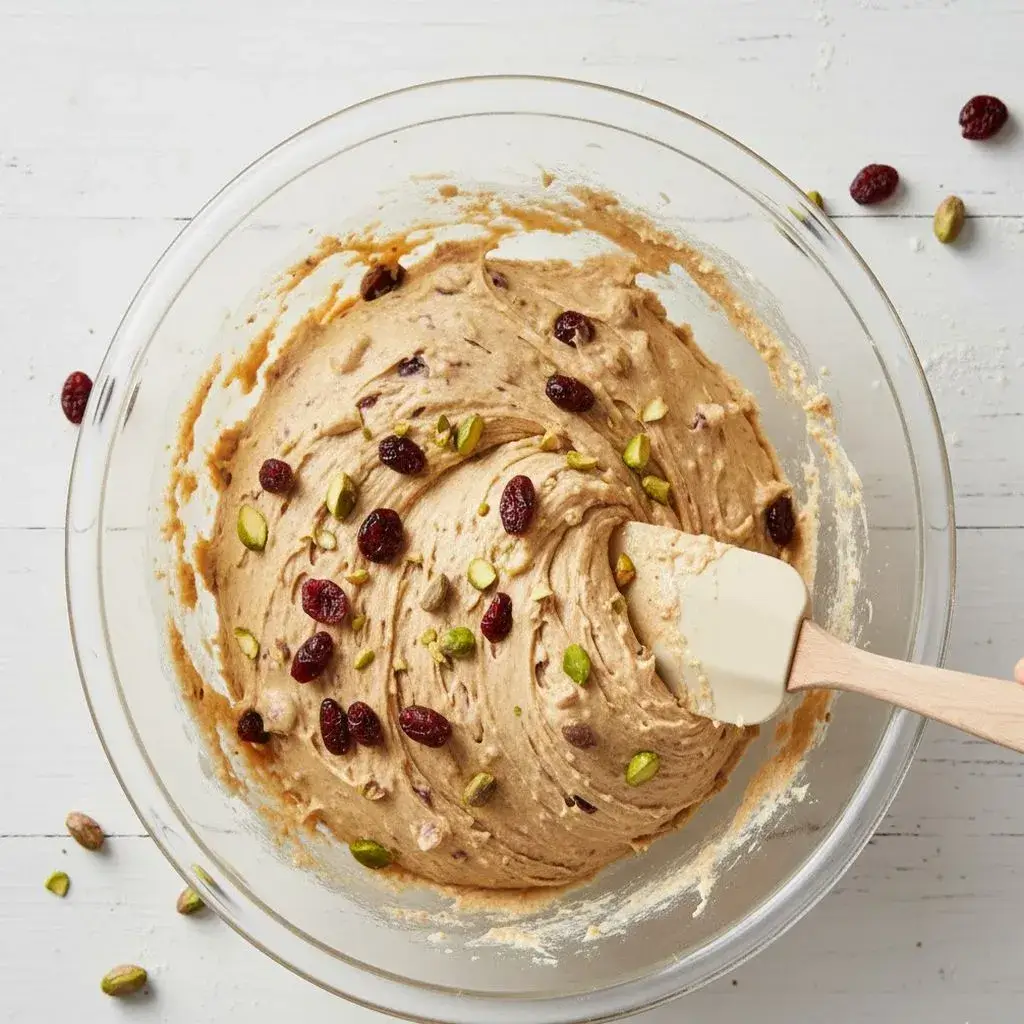 folding cranberries and pistachios into cookie dough
