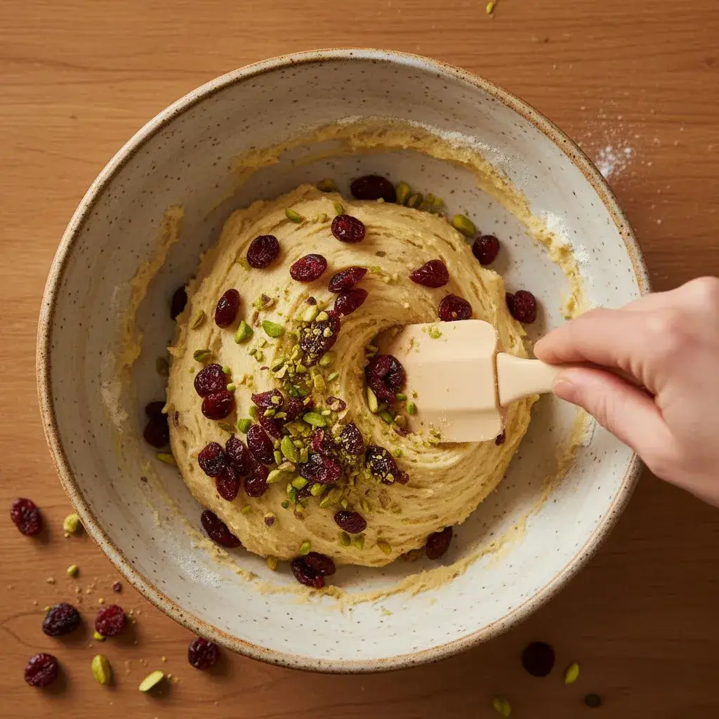 folding cranberries and pistachios into shortbread dough
