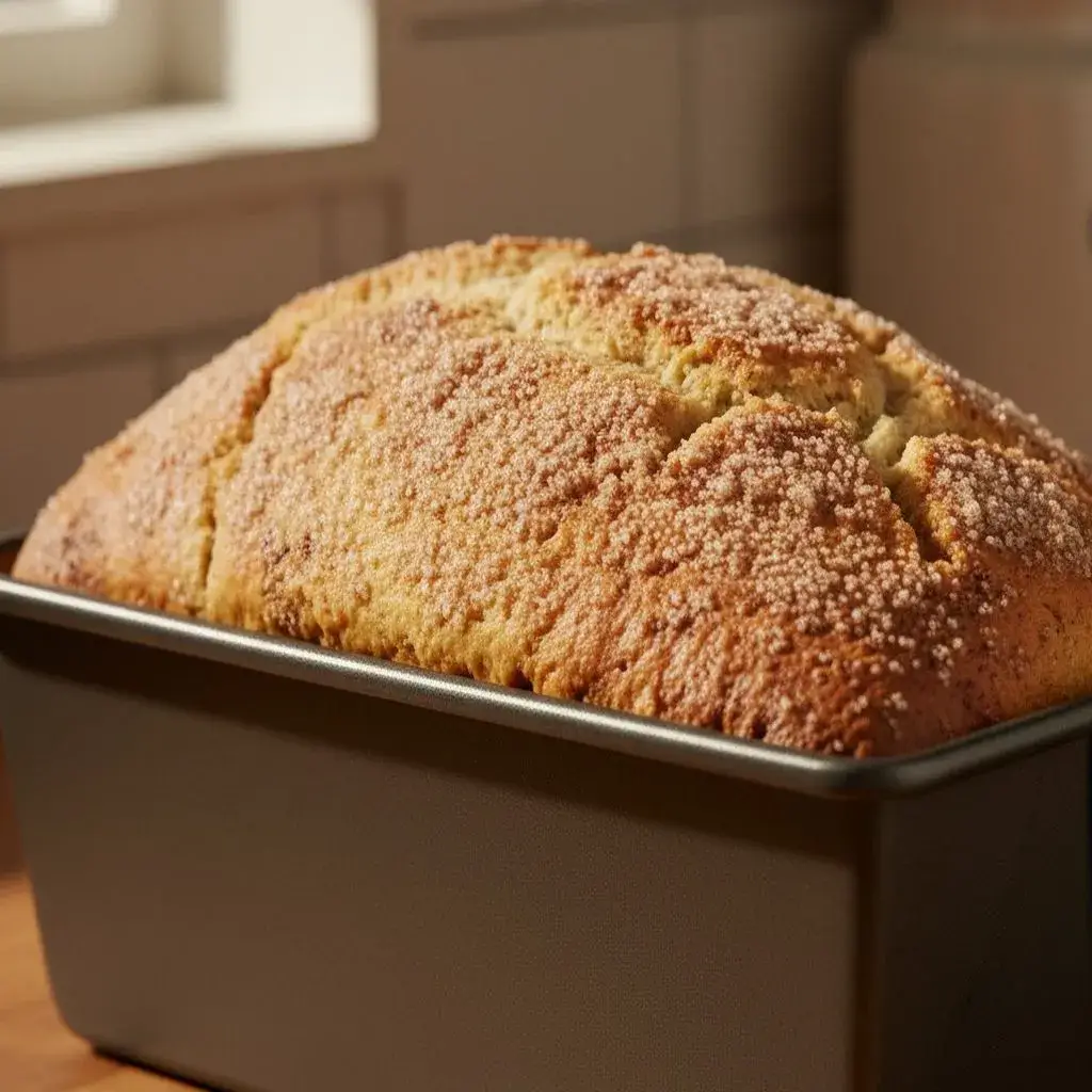 freshly baked loaf of amish cinnamon bread in a pan