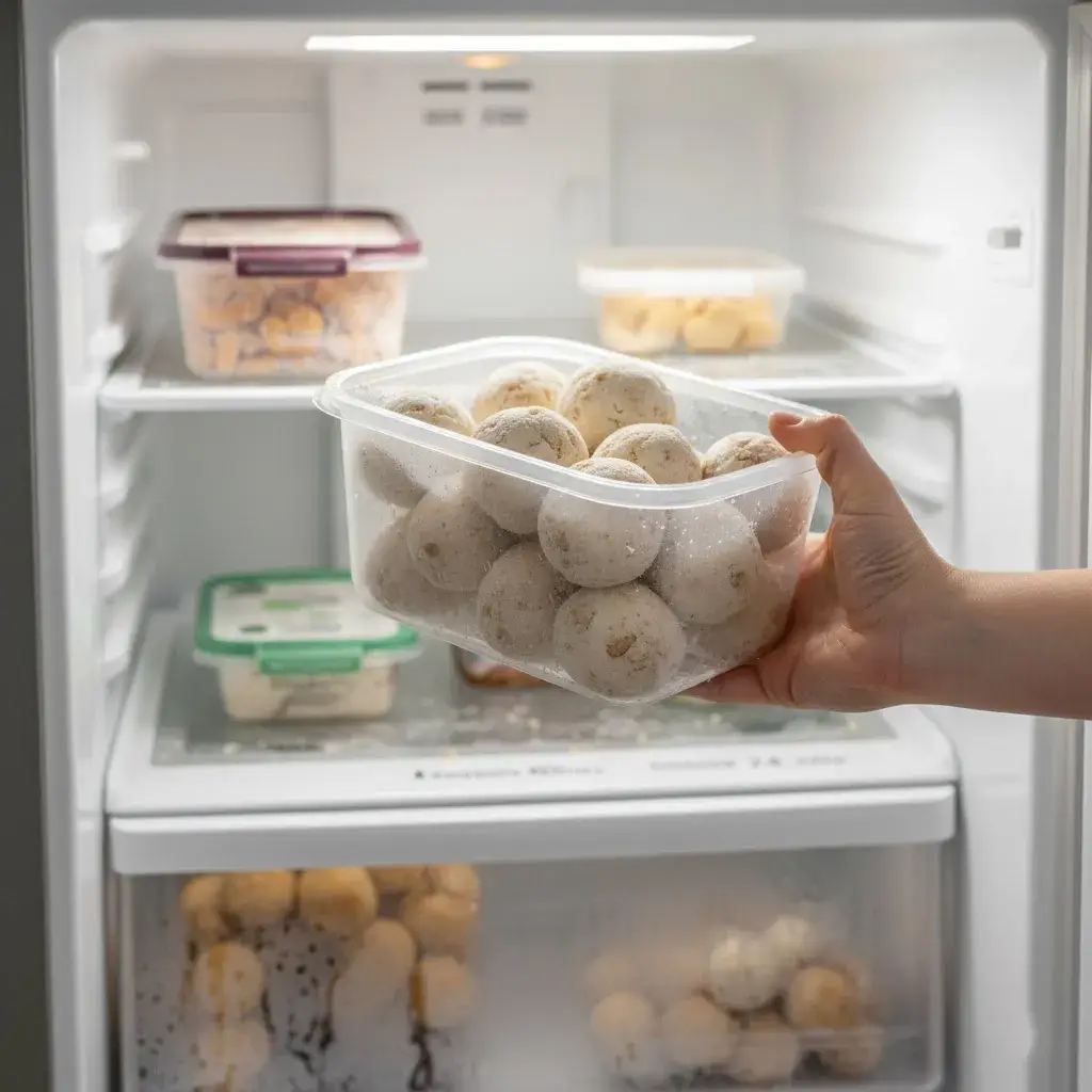grabbing frozen peanut butter bites from the freezer