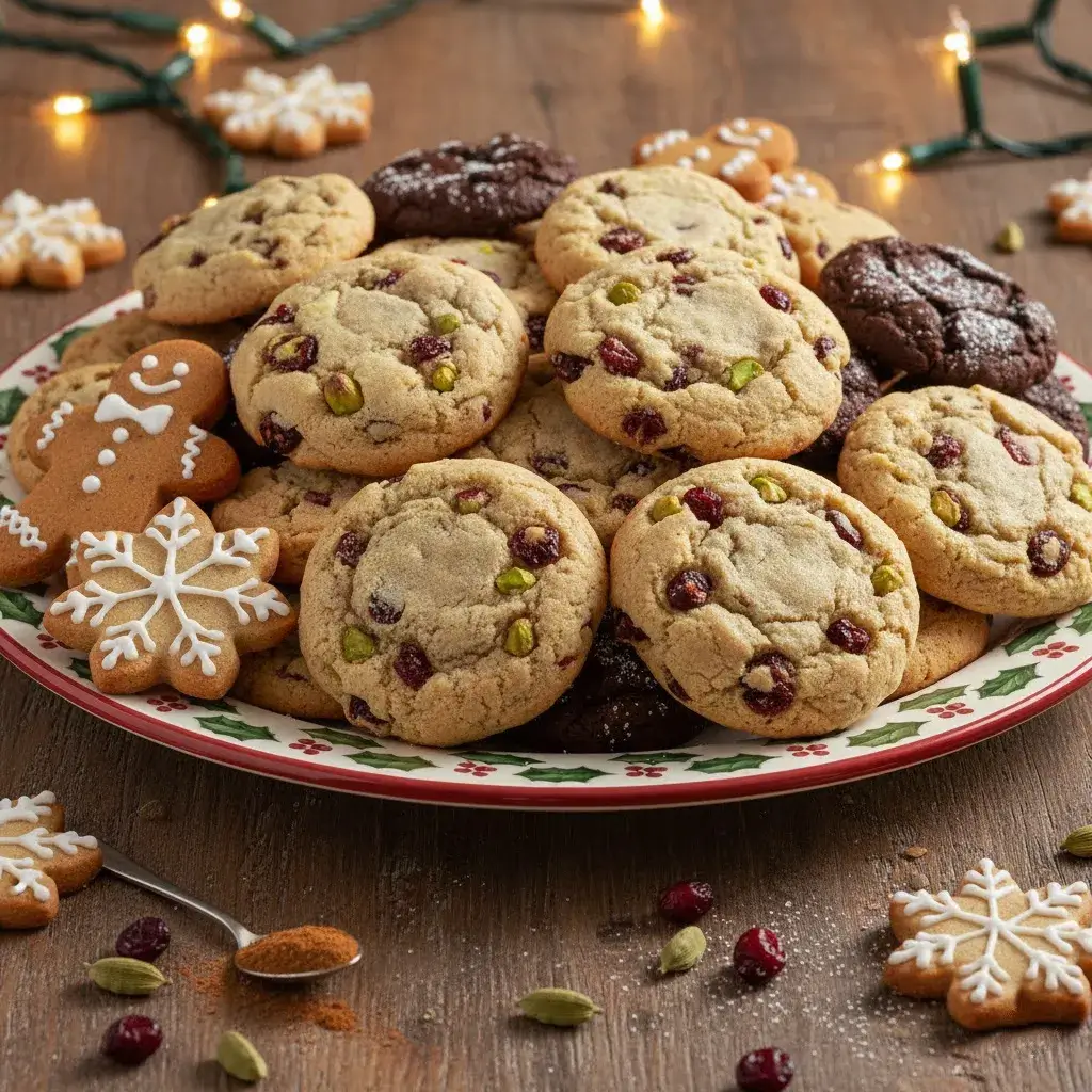a holiday cookie platter with cranberry pistachio cookies