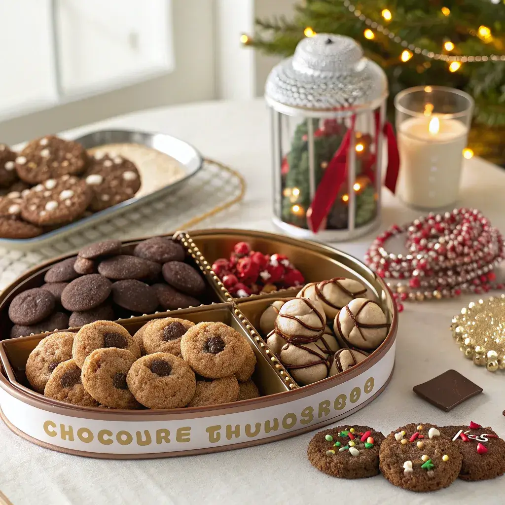 a holiday cookie tray with chocolate thumbprint cookies