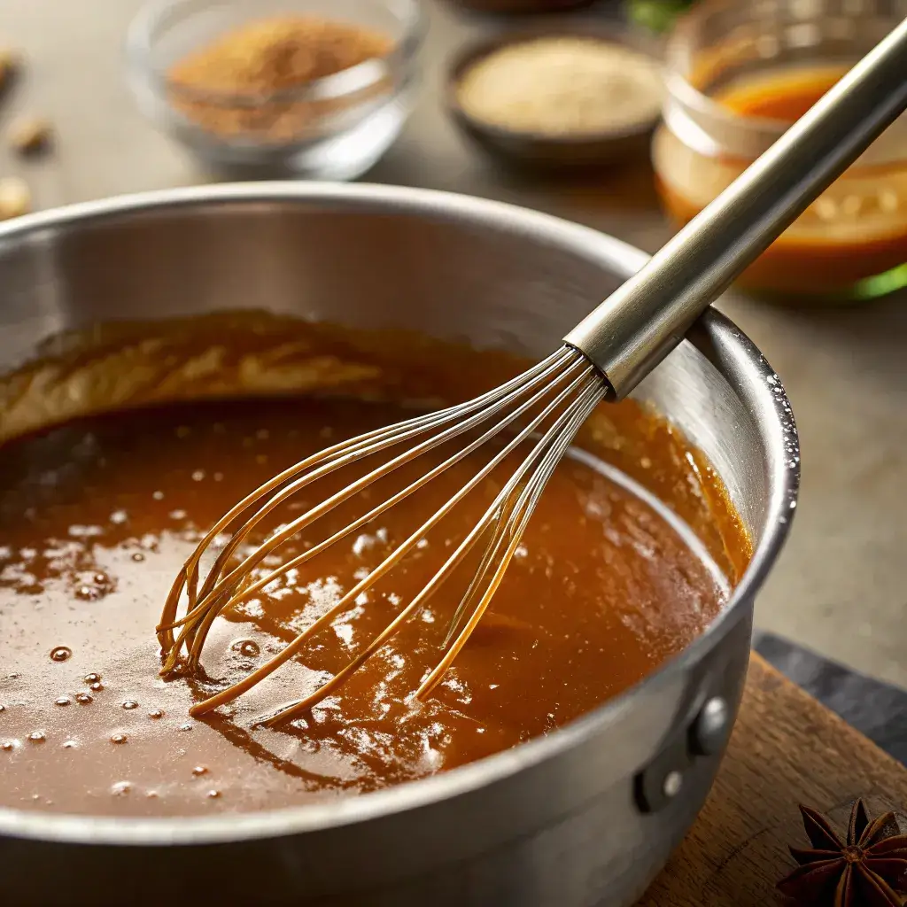 homemade praline sauce cooking in a pan