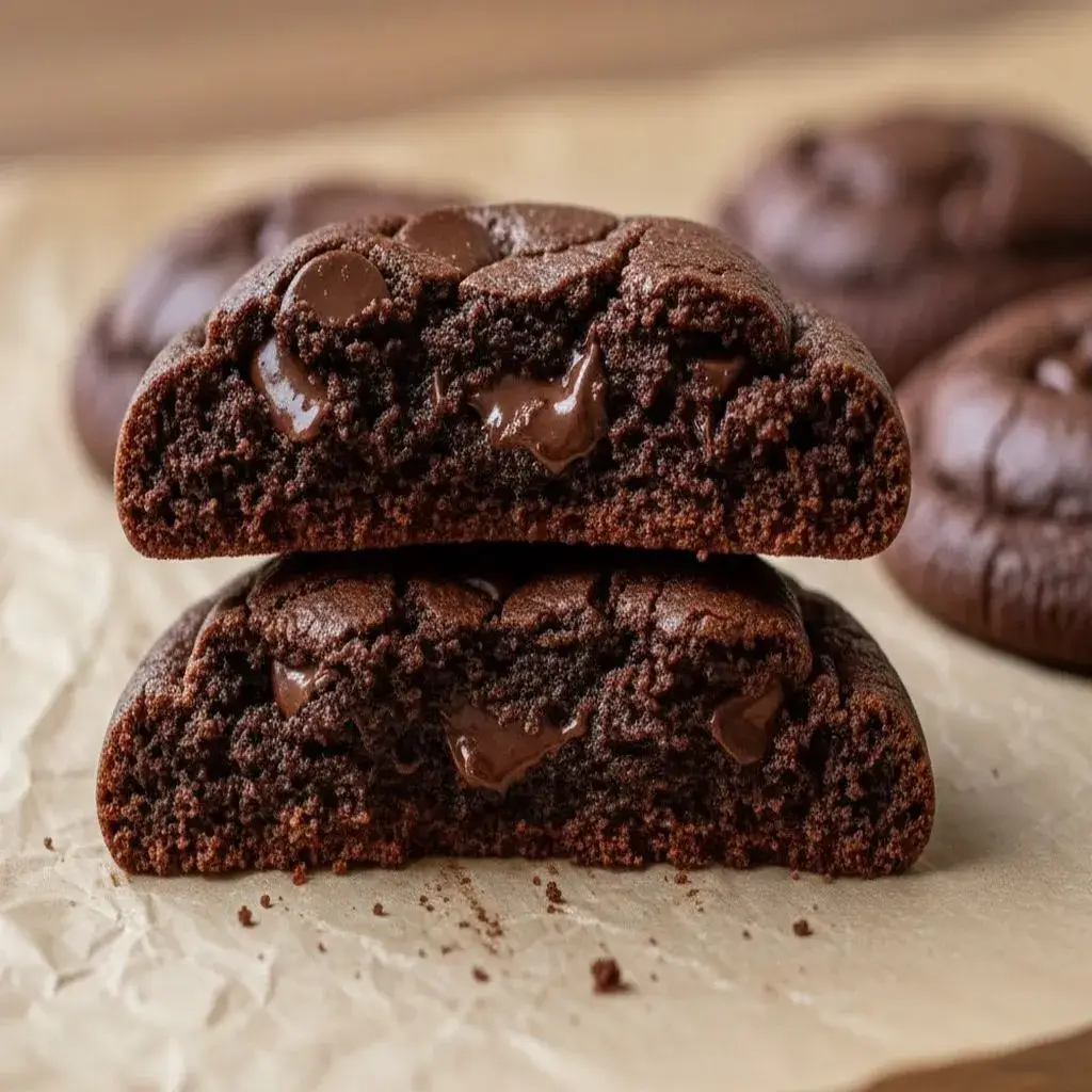 interior of a keto flourless fudge cookie showing fudgy texture