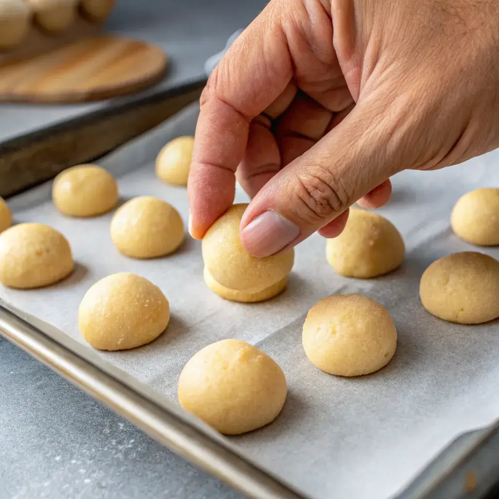 making a thumbprint in shortbread cookie dough