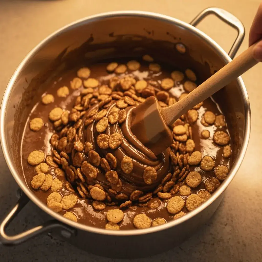 mixing cereal into gingerbread marshmallow mixture