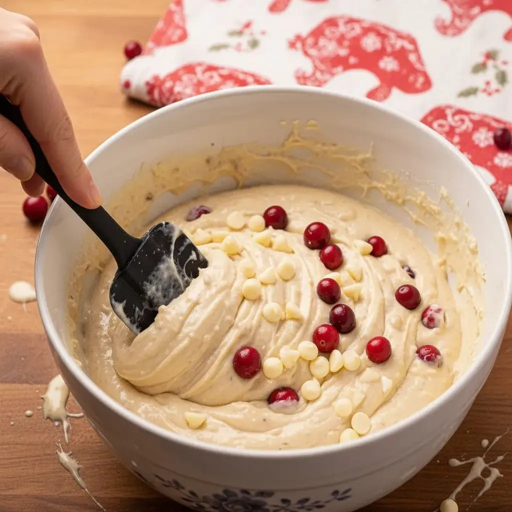folding cranberries into christmas banana bread batter