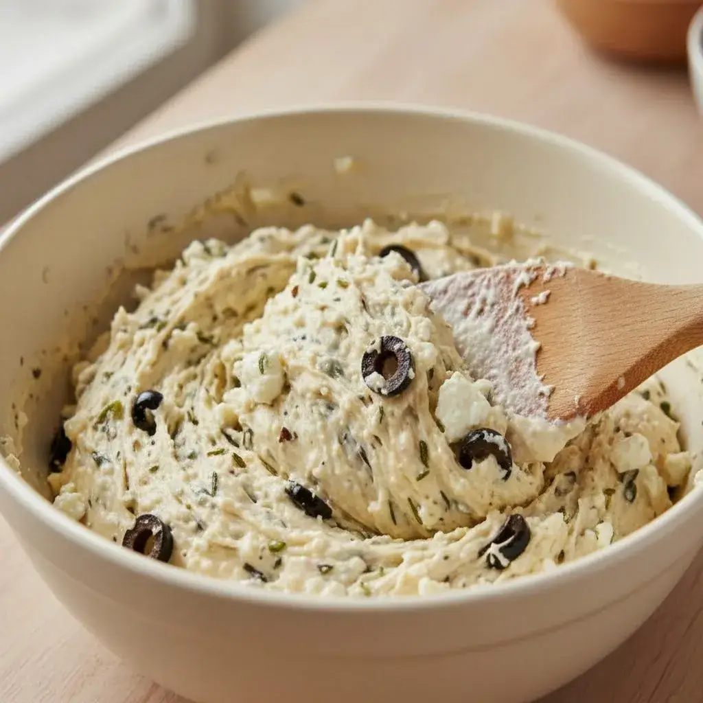 mixing savory quick bread batter with cheese and olives