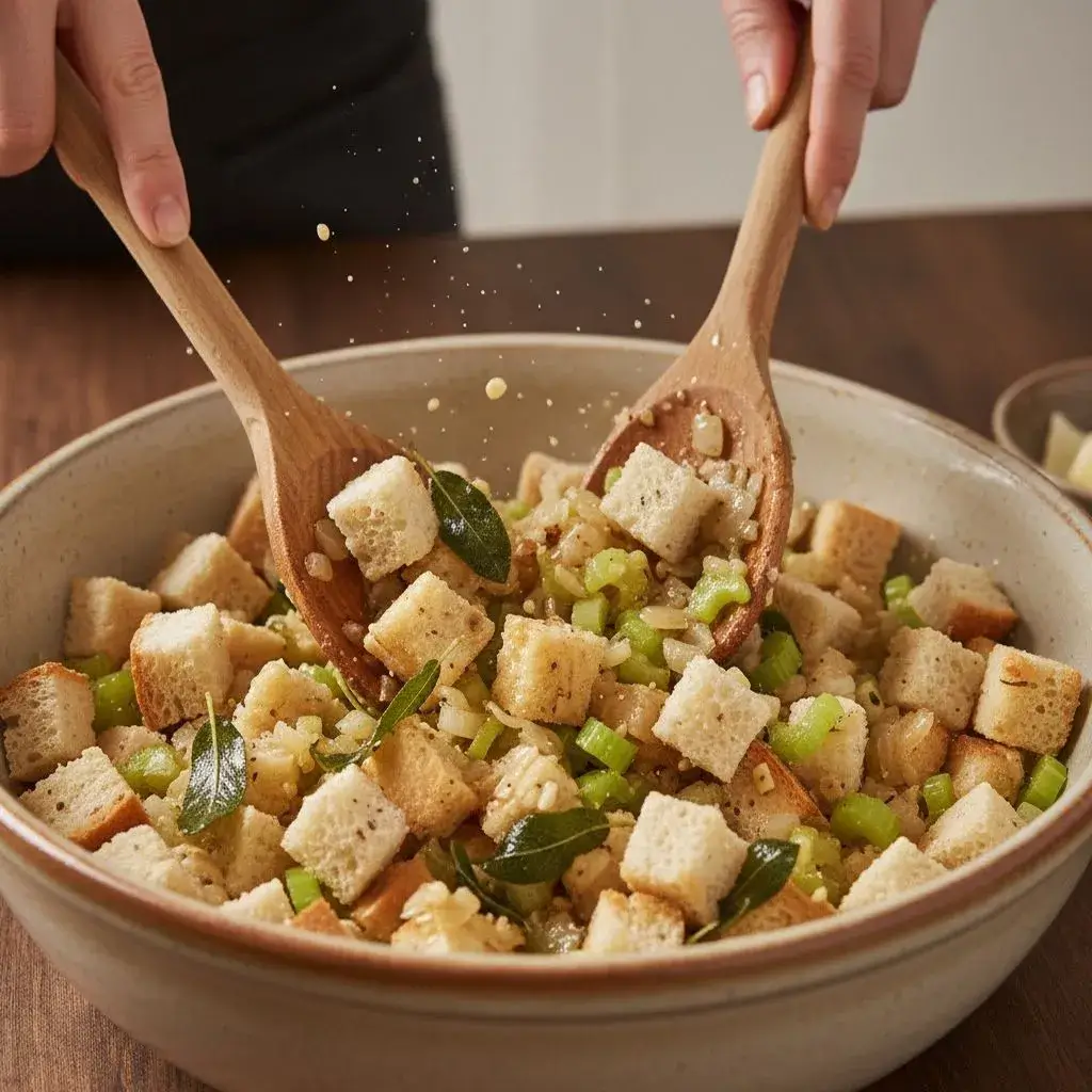 mixing bread cubes with herby butter for stuffing