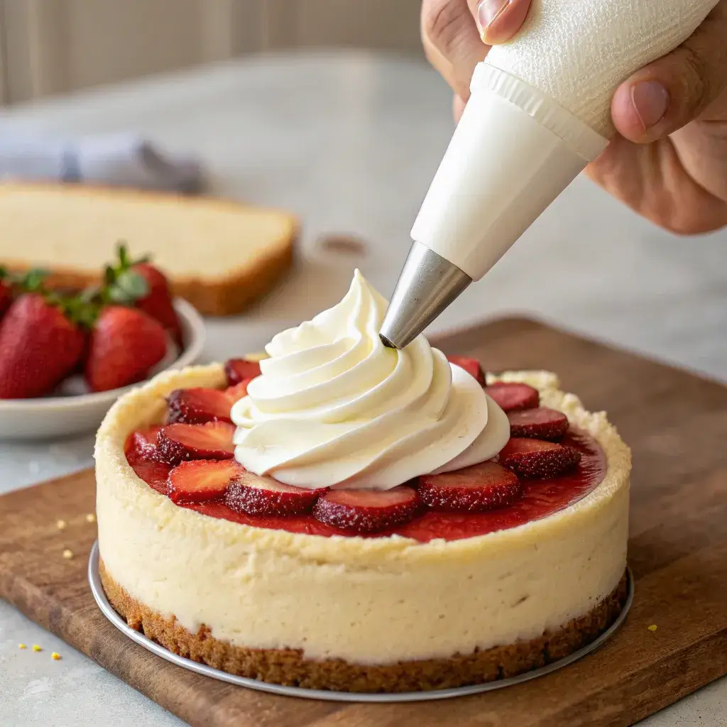 piping cheesecake filling onto strawberry santa