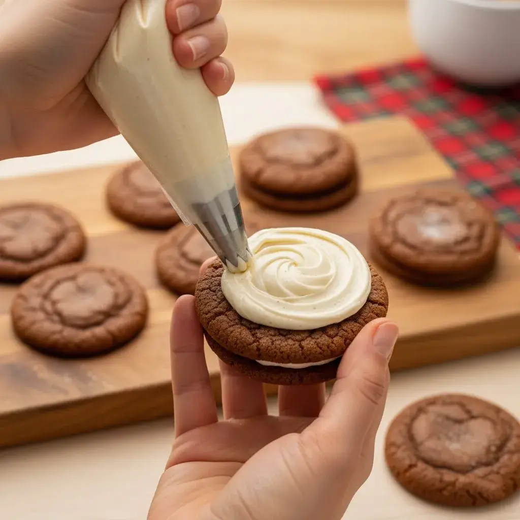 piping frosting onto a ginger molasses cookie