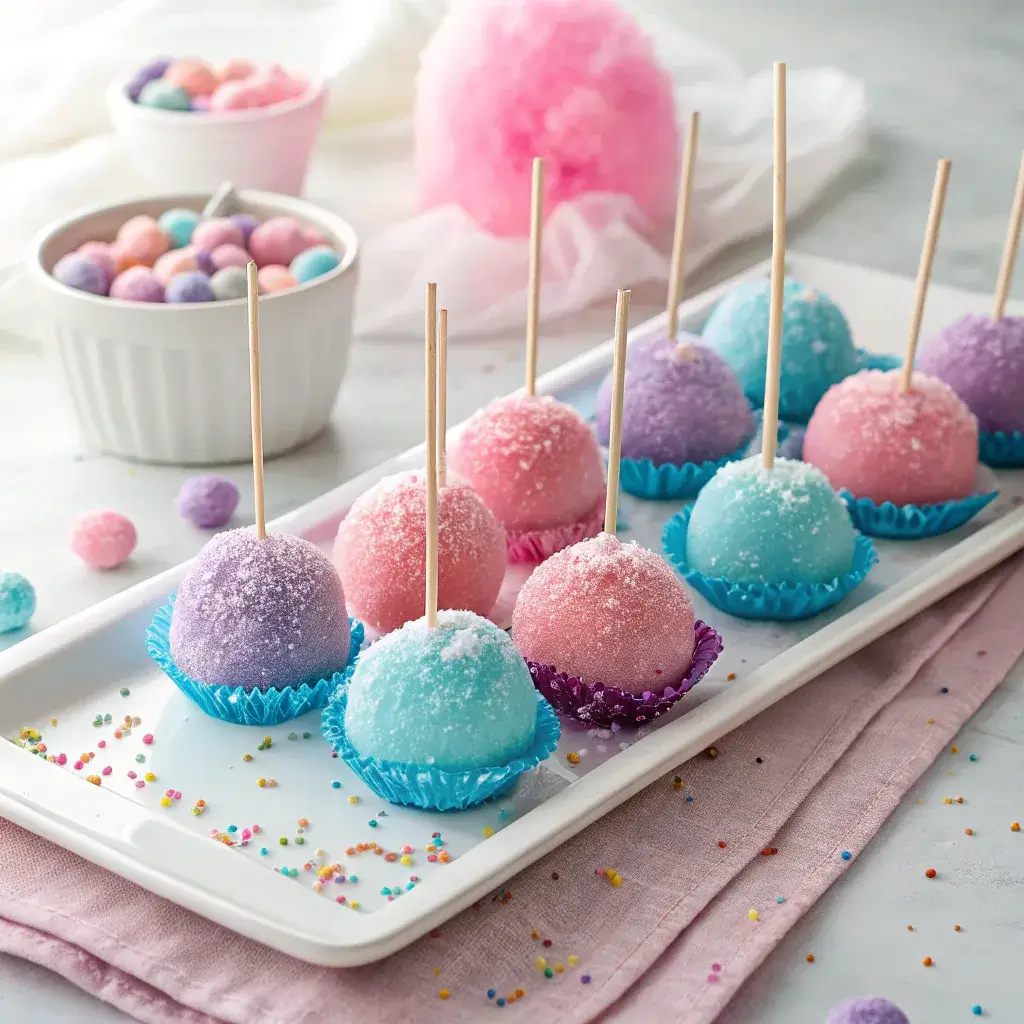 a platter of colorful cotton candy cheesecake bombs