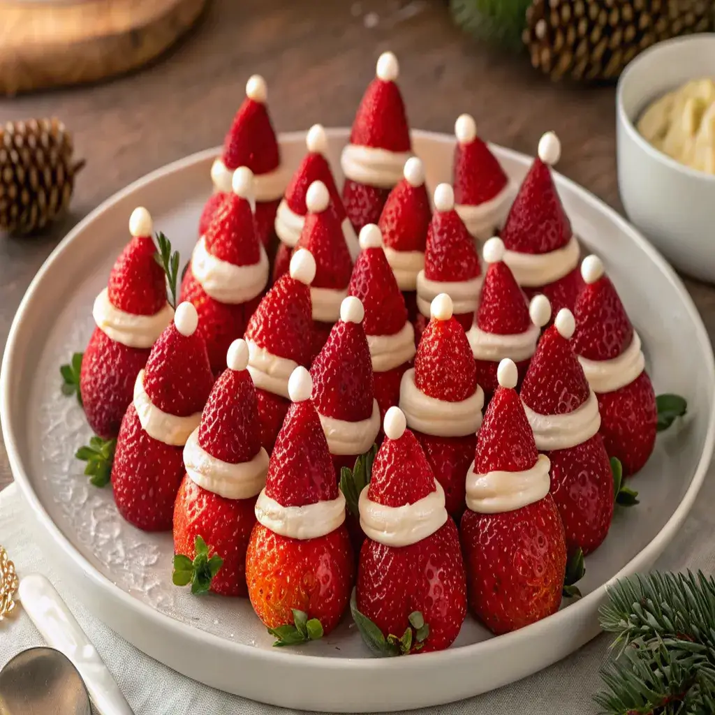 a festive platter of strawberry santas for a holiday party