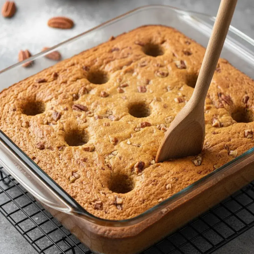 poking holes in a warm butter pecan cake