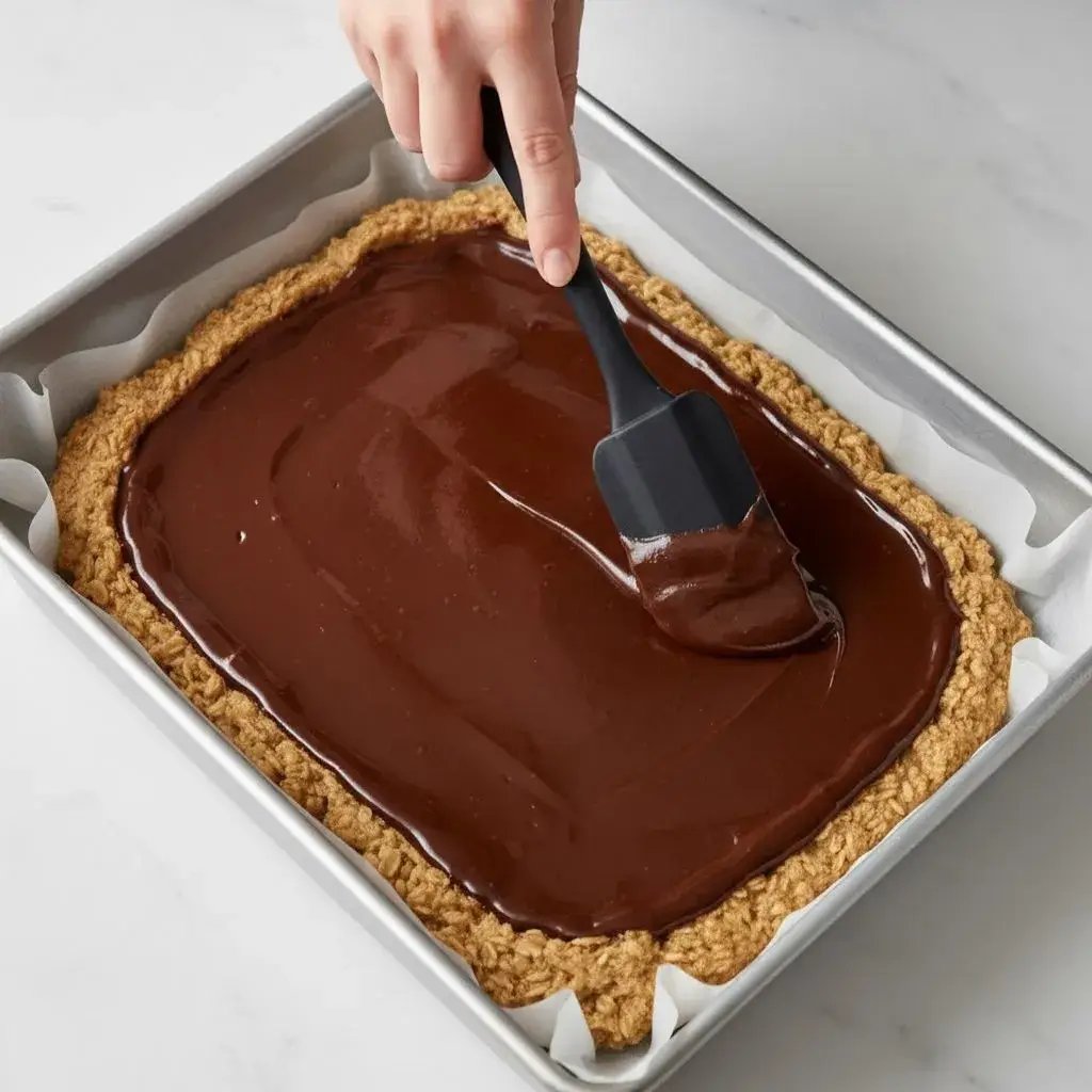 pouring chocolate filling over oatmeal base