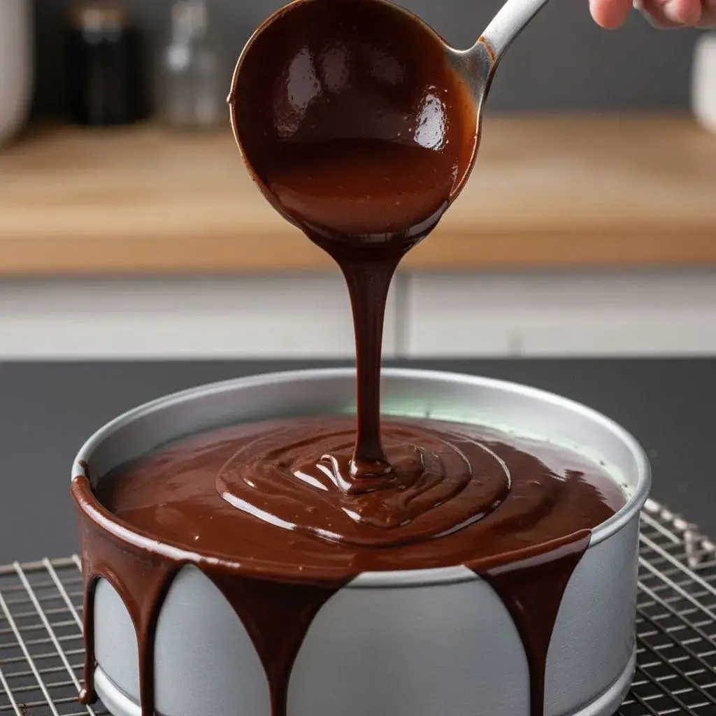 pouring chocolate ganache over mint cheesecake