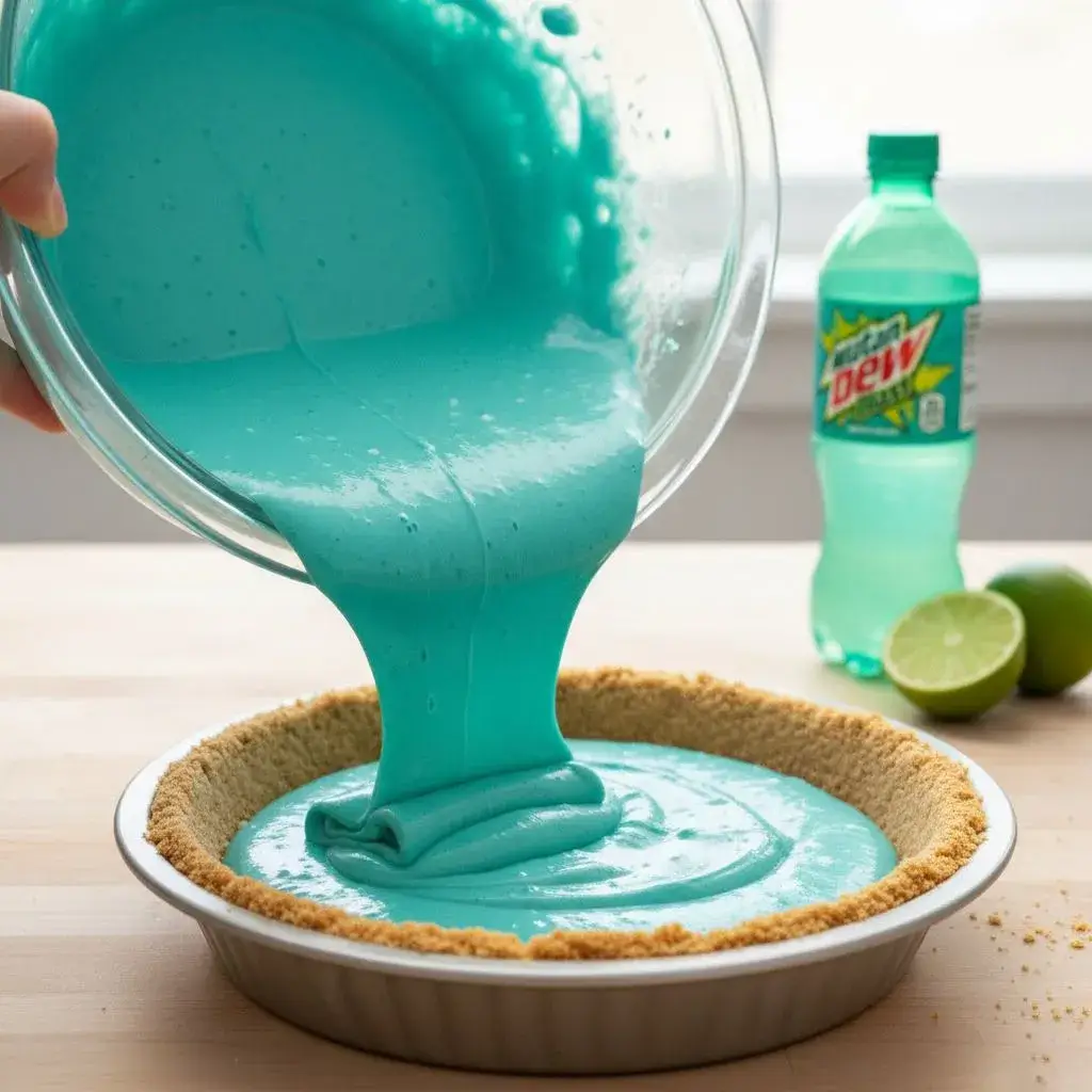 pouring baja blast pie filling into crust