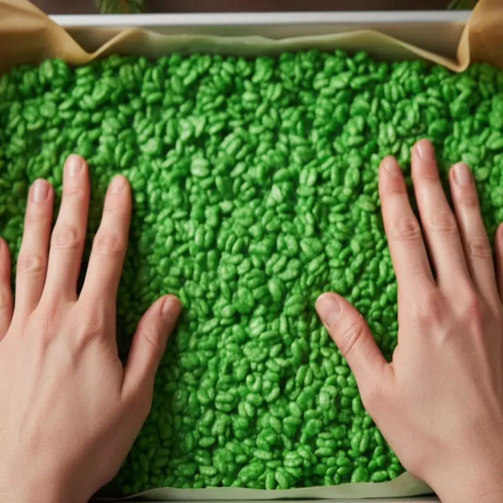 pressing-grinch-rice-krispie-mixture-into-pan