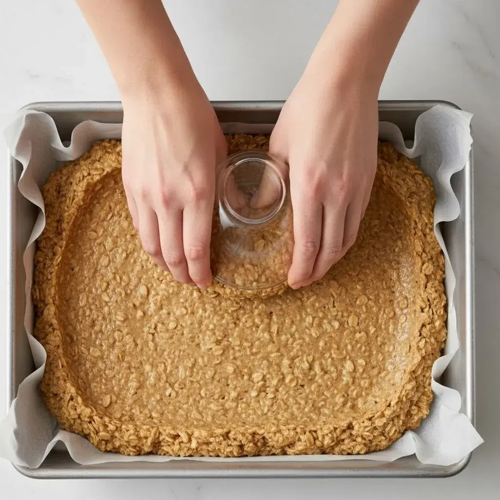 pressing the oat layer for no-bake bars