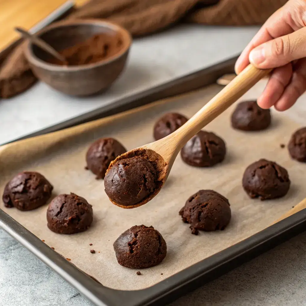 making a thumbprint in chocolate cookie dough
