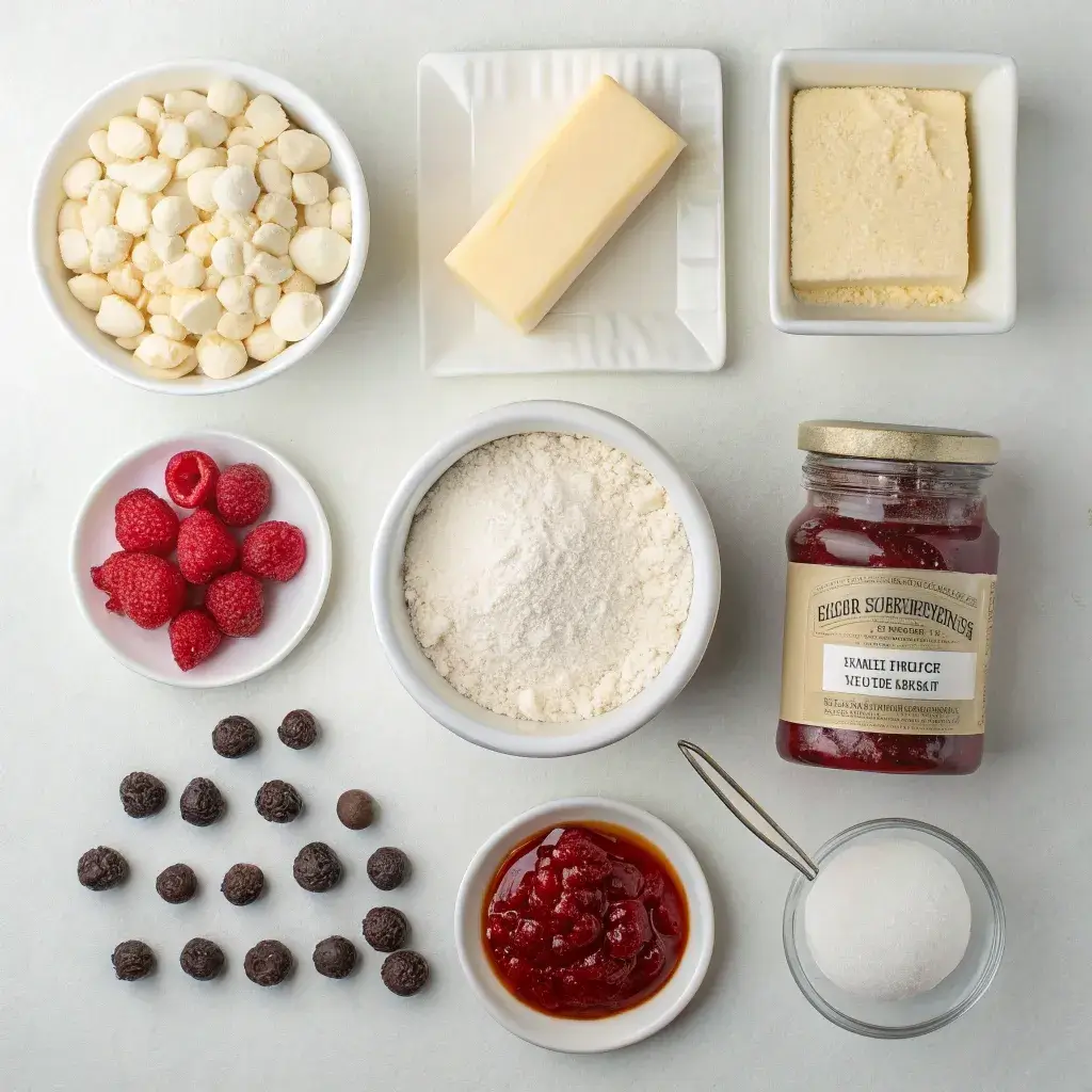 ingredients for raspberry shortbread cookies with drizzle