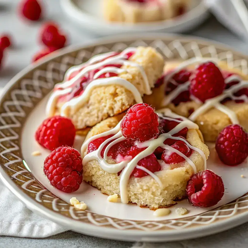 a stack of raspberry shortbread cookies with white chocolate drizzle