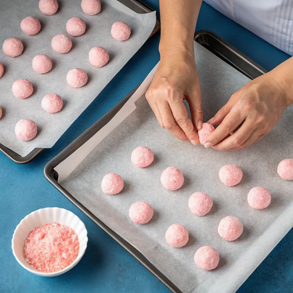 rolling cotton candy cheesecake filling into balls
