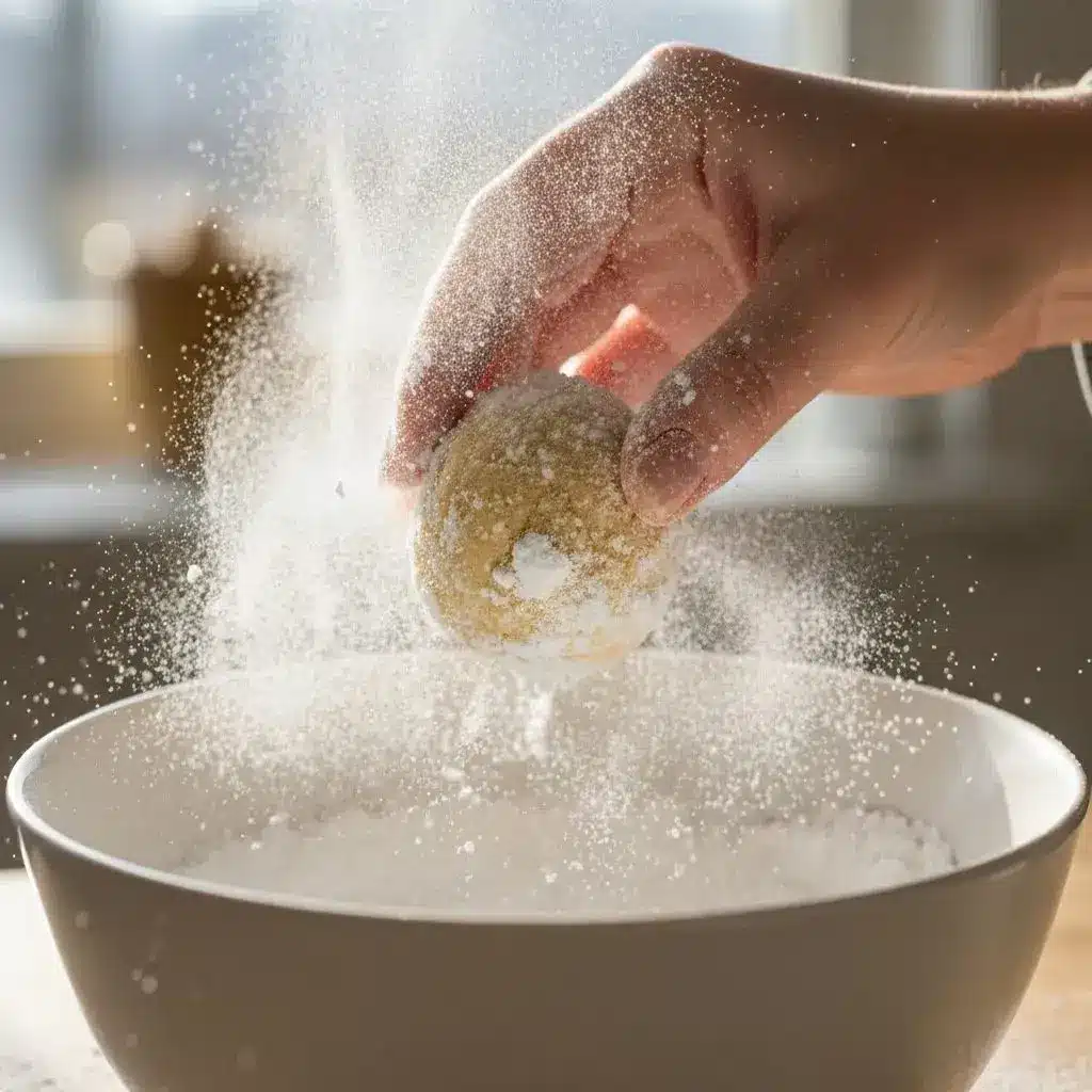 rolling warm snowball cookies in powdered sugar