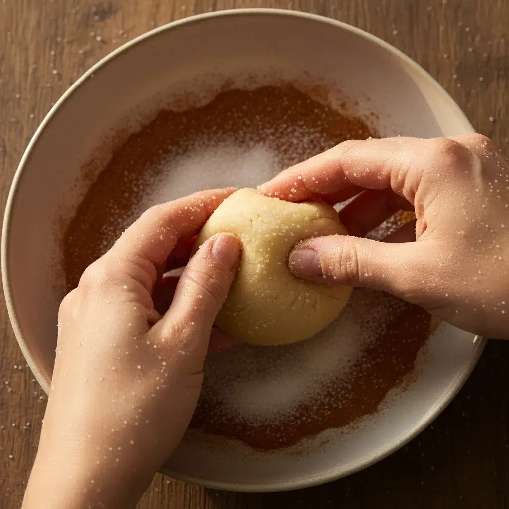 rolling snickerdoodle dough in cinnamon sugar coating