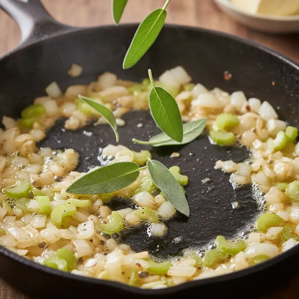 sautรฉing onions celery and herbs in butter for stuffing