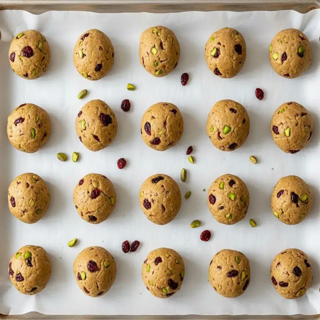scooped cranberry pistachio cookie dough on a pan
