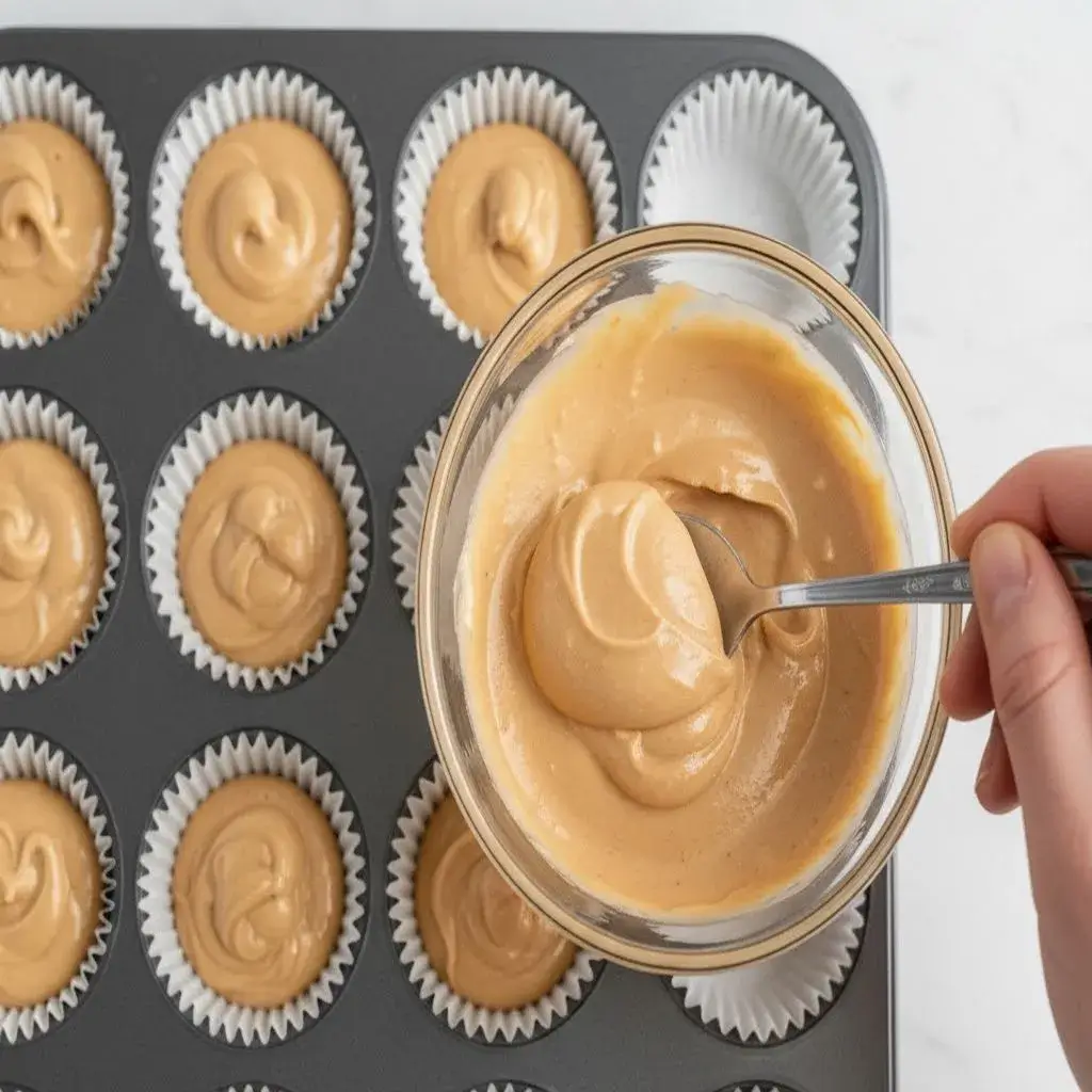 scooping greek yogurt bites into a mini muffin tin