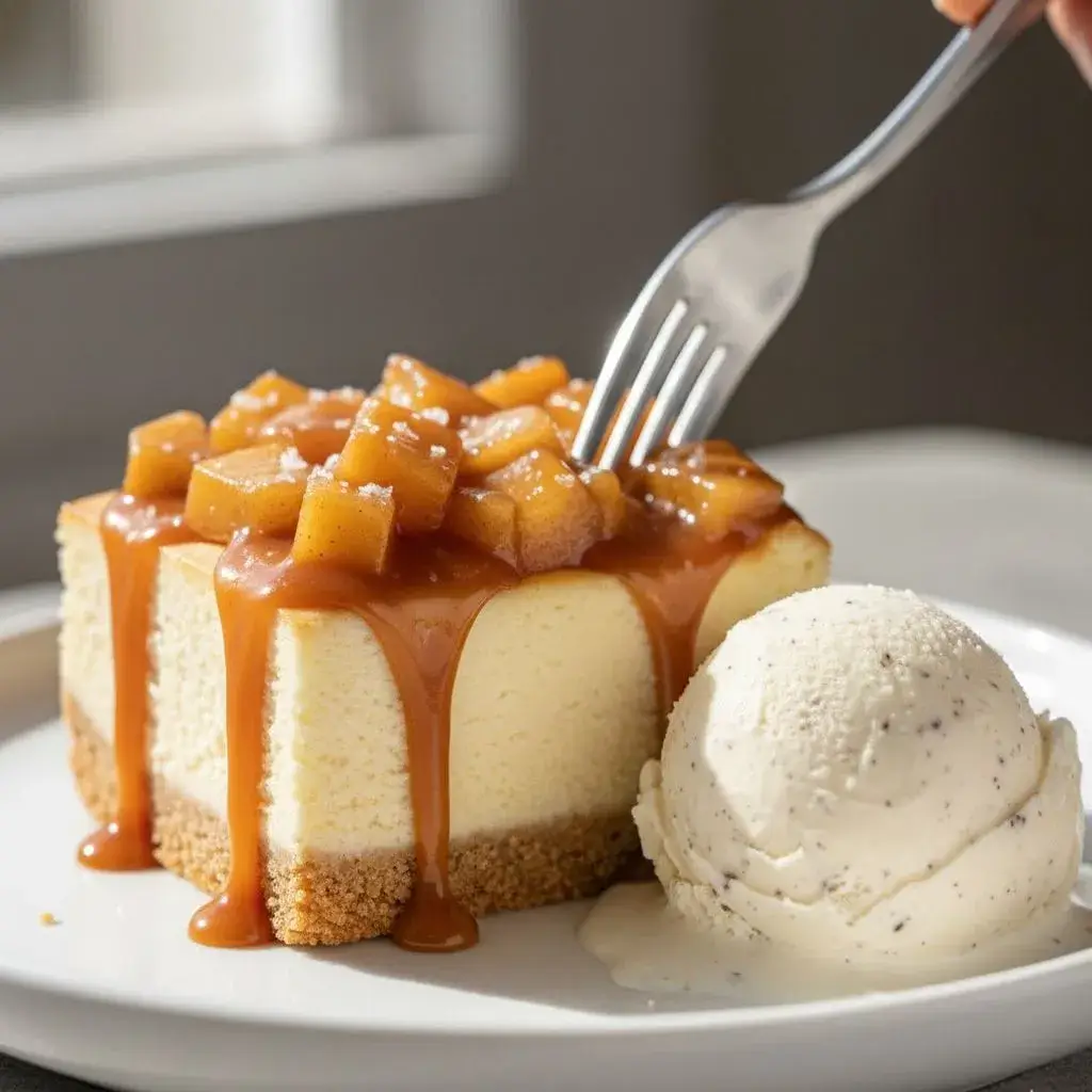 serving caramel apple cheesecake bars with ice cream