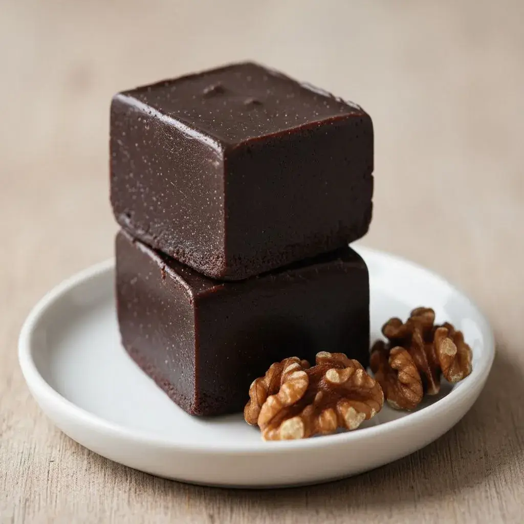 serving stacked squares of sugar-free fudge with walnuts