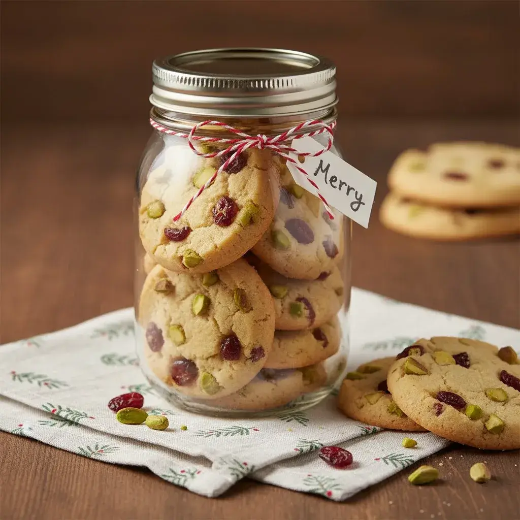 cranberry pistachio shortbread cookies in a gift jar