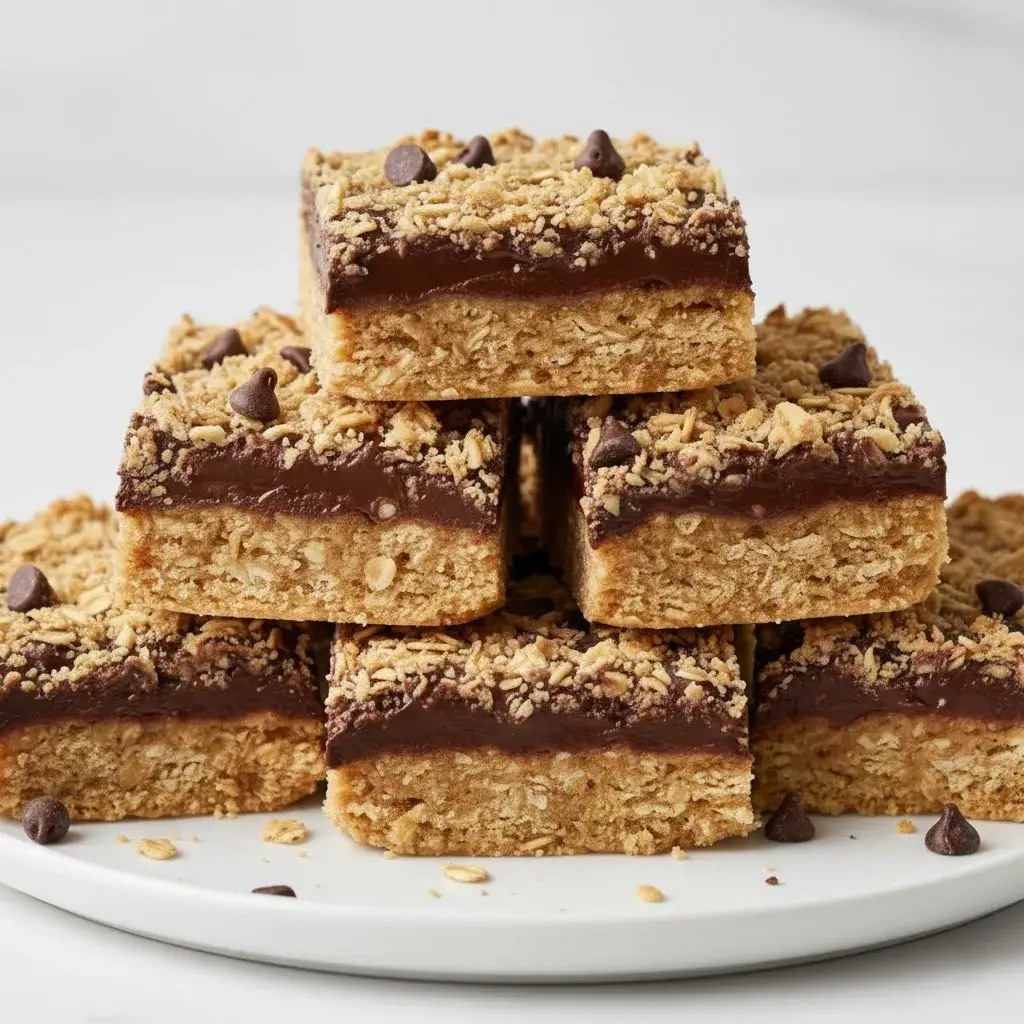 a plate of sliced no-bake chocolate oatmeal bars