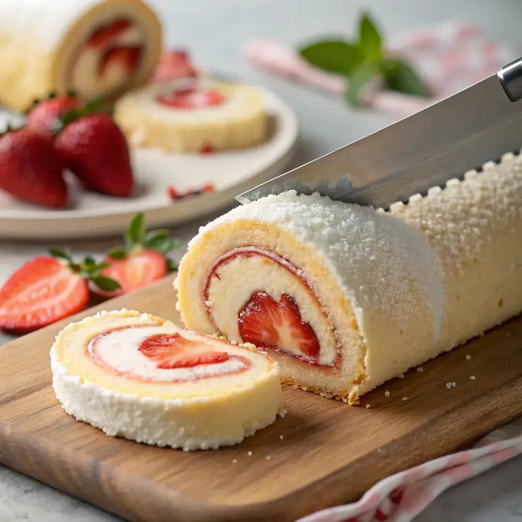 slicing a strawberry shortcake sushi log
