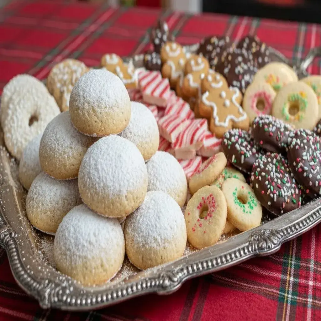 raspberry snowball cookies on a festive holiday tray