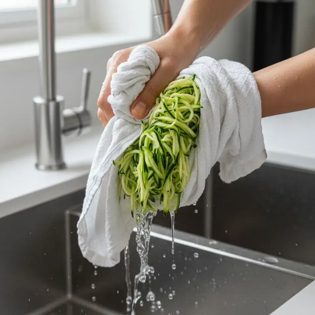 squeezing water from shredded zucchini for bread