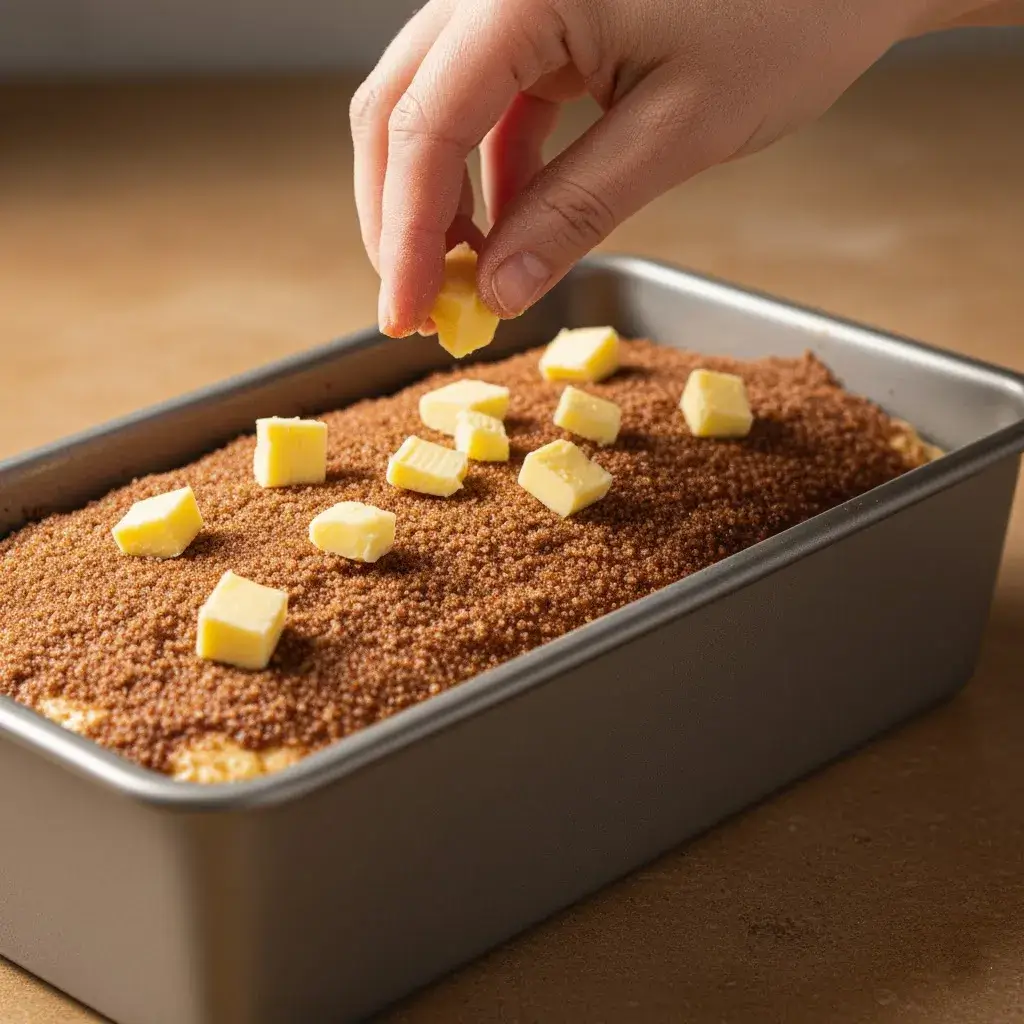 adding cold butter topping to amish cinnamon bread