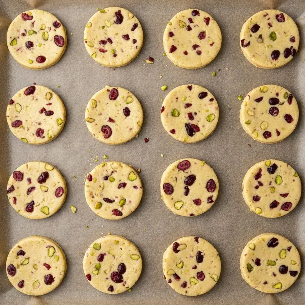 unbaked cranberry pistachio shortbread cookies on a pan