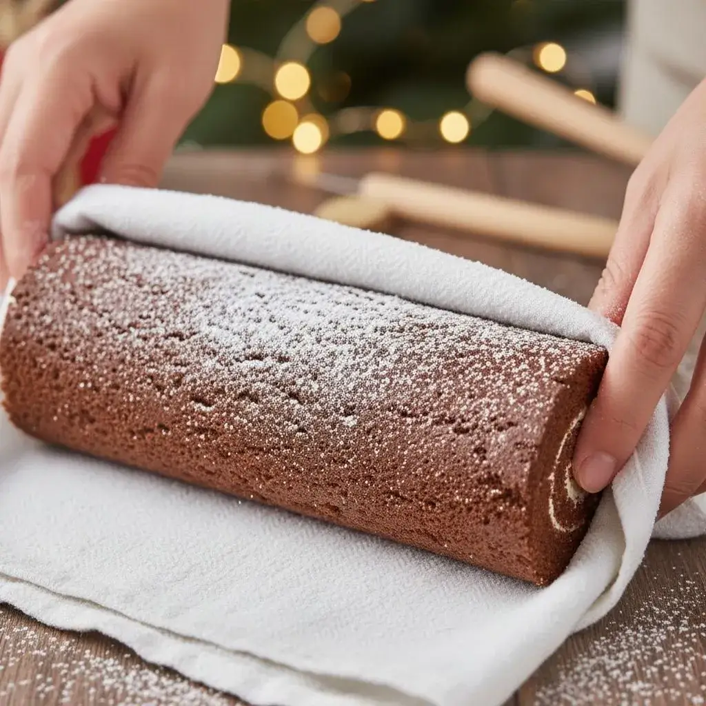 rolling the warm gluten free yule log cake in a towel
