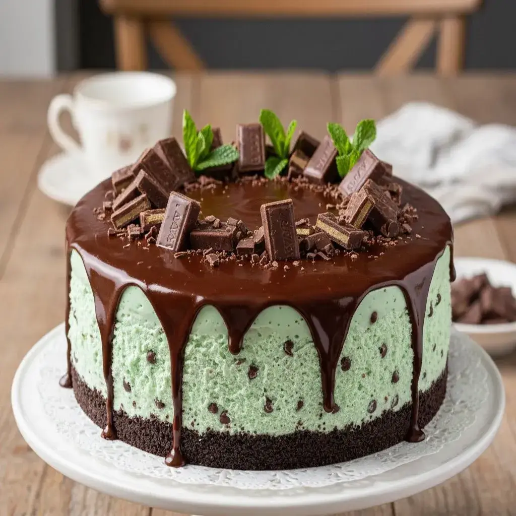 whole andes mint chocolate cheesecake on a stand