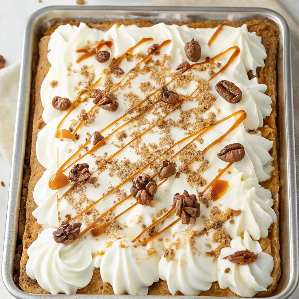 whole butter pecan praline poke cake with toppings